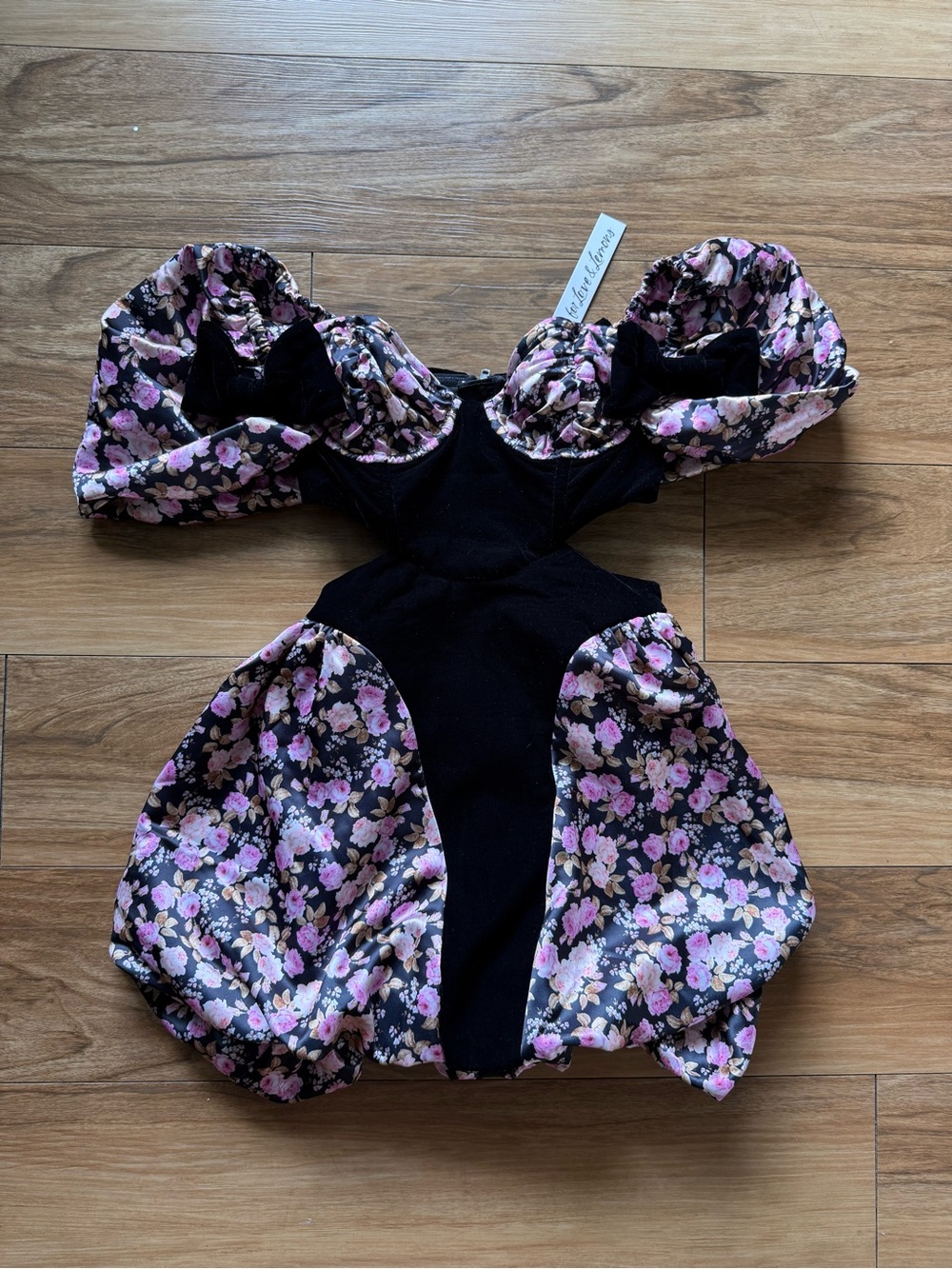 For Love & Lemons Kate Mini Dress Black Floral Puff Sleeve Corset Bubble Hem S - Picture 3 of 12